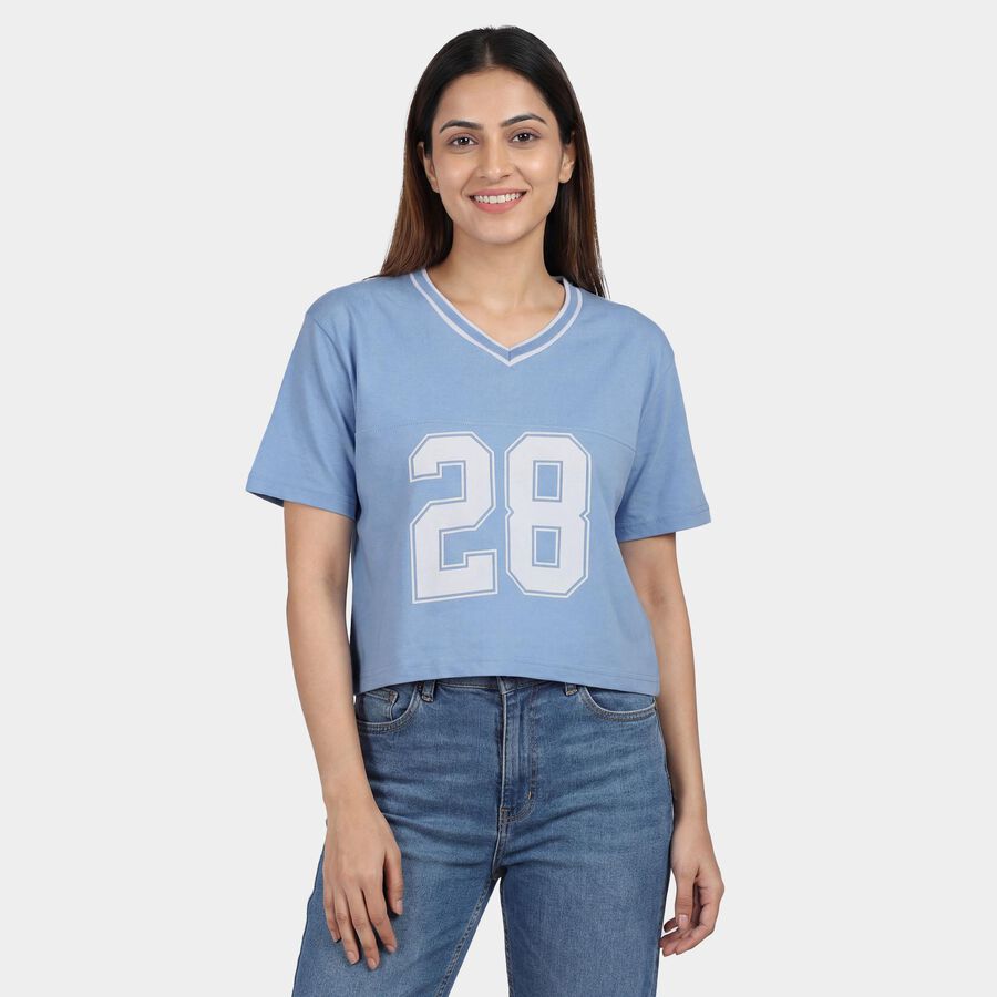 Women's Blue Cotton Round Neck Graphic T-Shirt, हल्का नीला, large